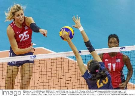 Jul 26, 2015 - Omaha, NE U.S. -United States outside hitter Karsta Lowe 25 kill attempt in action during a 2015 FIVB Women s Volleyball World Grand Prix Finals match between China and USA at CenturyLink Center in Omaha, NE...USA (5-0) won 25-23, 25-19, 25-18. 2015 FIVB Women s Volleyball Grand Prix Final Round: China vs USA Jul 26 - ZUMAc04_