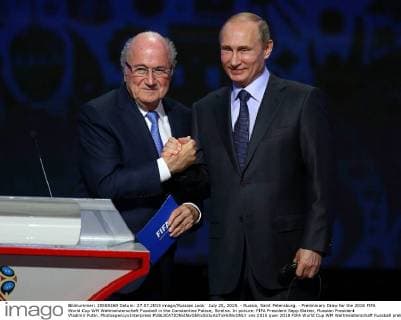 July 25, 2015. - Russia, Saint Petersburg. - Preliminary Draw for the 2018 FIFA World Cup WM Weltmeisterschaft Fussball in the Constantine Palace, Strelna. In picture: FIFA President Sepp Blatter, Russian President Vladimir Putin. PhotoagencyxInterpress 