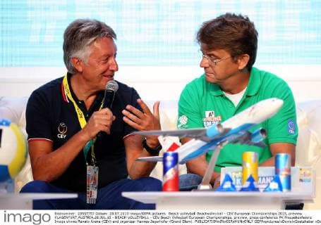 Beach volleyball Beachvolleyball - CEV European Championships 2015, preview KLAGENFURT,AUSTRIA,28.JUL.15 - BEACH VOLLEYBALL - CEV Beach Volleyball European Championships, preview, press conference PK Pressekonferenz Image shows Renato Arena (CEV) and organizer Hannes Jagerhofer (Grand Slam). GEPAxpictures xDanielxGoetzhaber