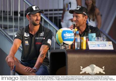 Beach volleyball Beachvolleyball - CEV European Championships 2015, preview KLAGENFURT,AUSTRIA,28.JUL.15 - BEACH VOLLEYBALL - CEV Beach Volleyball European Championships, preview, press conference PK Pressekonferenz Image shows Clemens Doppler and Alexander Horst (AUT). GEPAxpictures xDanielxGoetzhaber