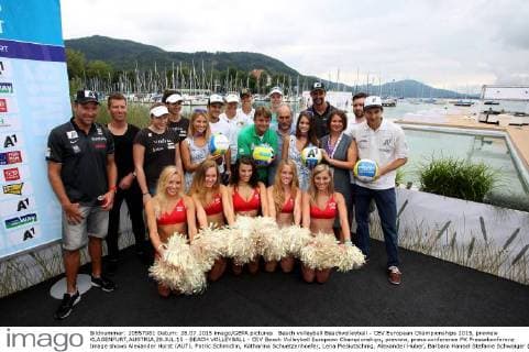 Beach volleyball Beachvolleyball - CEV European Championships 2015, preview KLAGENFURT,AUSTRIA,28.JUL.15 - BEACH VOLLEYBALL - CEV Beach Volleyball European Championships, preview, press conference PK Pressekonferenz Image shows Alexander Horst (AUT), Patric Schmidlin, Katharina Schuetzenhoefer, Lena Plesiutschnig, Alexander Huber, Barbara Hansel Stefanie Schwaiger (AUT), organizer Hannes Jagerhofer (Grand Slam), Madelein Meppelink (NED), president Peter Kleinmann (OEVV), Clemens Doppler (AUT), Susanne Speil (A1), Robin Seidl (AUT) and Girls. GEPAxpictures xDanielxGoetzhaber