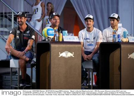 Beach volleyball Beachvolleyball - CEV European Championships 2015, preview KLAGENFURT,AUSTRIA,28.JUL.15 - BEACH VOLLEYBALL - CEV Beach Volleyball European Championships, preview, press conference PK Pressekonferenz Image shows Clemens Doppler, Alexander Horst, Alexander Huber and Robin Seidl (AUT). GEPAxpictures xDanielxGoetzhaber