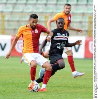 Friendly match between Galatasaray and Nice in Slovenia on July 28, 2015. Final Score: Galatasaray 0 - Nice 4 Pictured: Yasin Oztekin (L) of Galatasaray and Olivier Boscagli of Nice. 