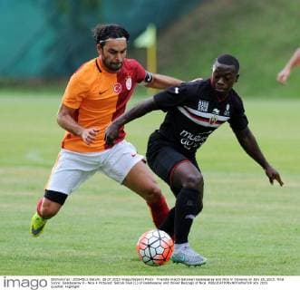 Friendly match between Galatasaray and Nice in Slovenia on July 28, 2015. Final Score: Galatasaray 0 - Nice 4 Pictured: Selcuk Inan (L) of Galatasaray and Olivier Boscagli of Nice. 