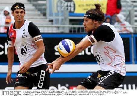 Beach volleyball Beachvolleyball - CEV European Championships 2015 KLAGENFURT,AUSTRIA,29.JUL.15 - BEACH VOLLEYBALL - CEV Beach Volleyball European Championships. Image shows Peter Eglseer and Daniel Muellner (AUT). GEPAxpictures xDanielxGoetzhaber