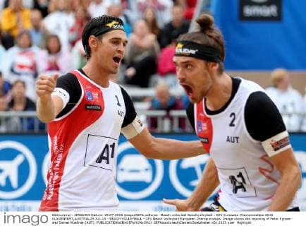 Beach volleyball Beachvolleyball - CEV European Championships 2015 KLAGENFURT,AUSTRIA,29.JUL.15 - BEACH VOLLEYBALL - CEV Beach Volleyball European Championships. Image shows the rejoicing of Peter Eglseer and Daniel Muellner (AUT). GEPAxpictures xDanielxGoetzhaber