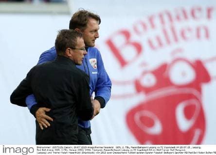 GER, 2. FBL, RasenBallsport Leipzig vs FC Ingolstadt 04 29.07.15 , Leipzig, Red Bull Arena, GER, 2.FBL, Saison 2015 2016, Testspiel, RasenBallsport Leipzig vs FC Ingolstadt 04 im Bild Trainer Ralf Rangnick (Leipzig) und Trainer Ralph Hasenhüttl (Ingolstadt)