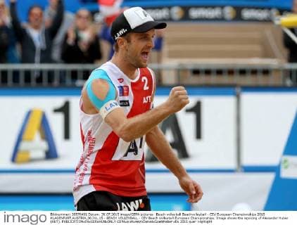 Beach volleyball Beachvolleyball - CEV European Championships 2015 KLAGENFURT,AUSTRIA,30.JUL.15 - BEACH VOLLEYBALL - CEV Beach Volleyball European Championships. Image shows the rejoicing of Alexander Huber (AUT). GEPAxpictures xDanielxGoetzhaber