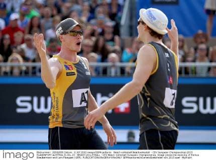 Beach volleyball Beachvolleyball - CEV European Championships 2015 KLAGENFURT,AUSTRIA,31.JUL.15 - BEACH VOLLEYBALL - CEV Beach Volleyball European Championships. Image shows the rejoicing of Markus Boeckermann and Lars Flueggen (GER). GEPAxpictures xDanielxGoetzhaber