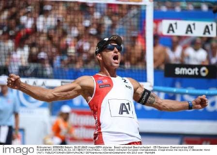 Beach volleyball Beachvolleyball - CEV European Championships 2015 KLAGENFURT,AUSTRIA,31.JUL.15 - BEACH VOLLEYBALL - CEV Beach Volleyball European Championships. Image shows the rejoicing of Alexander Horst (AUT). GEPAxpictures xDanielxGoetzhaber