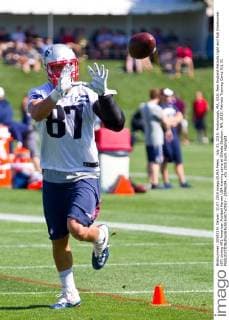 July 31, 2015; Foxborough, MA, USA: New England Patriots tight end Rob Gronkowski (87) during NFL American Football Herren USA training camp at Gillette Stadium. NFL 2015: Patriots Training Camp JUL 31 - ZUMAc04_