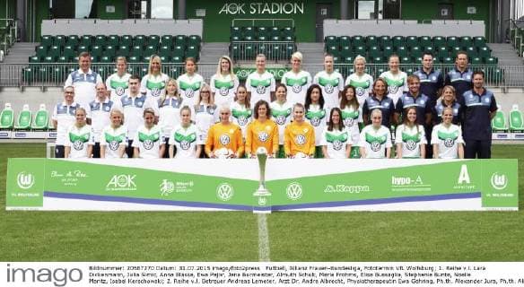 Fußball, Allianz Frauen-Bundesliga, Fototermin VfL Wolfsburg; 1. Reihe v.l. Lara Dickenmann, Julia Simic, Anna Blässe, Ewa Pajor, Jana Burmeister, Almuth Schult, Merle Frohms, Elise Bussaglia, Stephanie Bunte, Noelle Maritz, Isabel Kerschowski; 2. Reihe v.l. Betreuer Andreas Lemeter, Arzt Dr. Andre Albrecht, Physiotherapeutin Ewa Gehring, Ph.th. Alexander Jura, Ph,th. Alina Brexendorf, Tessa Wullaert Vanessa Bernauer, Nadine Keßler, Yuki Ogimi, Athletiktrainerin Stephanie Spohner, Co-Trainer Stephan Lerch, Co- Trainerin Britta Carlson, Cheftrainer Ralf Kellermann; 3. Reihe v.l. Betreuer Jörg Schmidt Verena Faißt, Lena Goeßling, Babett Peter, Luisa Wensing, Alexandra Popp, Nilla Fischer, Caroline Graham Hansen, Zsanett Jakabfi, Synne Jensen, Torwarttrainer Fabian Lucas, Torwarttrainer Frank Pichatzek. Es fehlt: Joelle Wedemayer. r xtgx