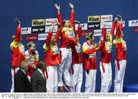 SWIMMING - FINA World Championships 2015 KAZAN,RUSSIA,31.JUL.15 - SWIMMING - FINA World Championships 2015, synchronized swimming Synchronschwimmen team free, award ceremony. Image shows the rejoicing of China. GEPAxpictures xPhilippxBrem