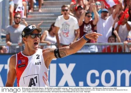 Beach volleyball Beachvolleyball - CEV European Championships 2015 KLAGENFURT,AUSTRIA,01.AUG.15 - BEACH VOLLEYBALL - CEV Beach Volleyball European Championships. Image shows the rejoicing of Alexander Horst (AUT). GEPAxpictures xMaticxKlansek