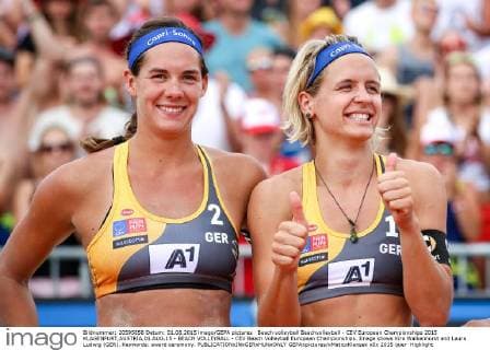 Beach volleyball Beachvolleyball - CEV European Championships 2015 KLAGENFURT,AUSTRIA,01.AUG.15 - BEACH VOLLEYBALL - CEV Beach Volleyball European Championships. Image shows Kira Walkenhorst and Laura Ludwig (GER). Keywords: award ceremony. GEPAxpictures xMaticxKlansek