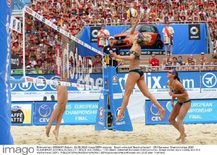 Beach volleyball Beachvolleyball - CEV European Championships 2015 KLAGENFURT,AUSTRIA,01.AUG.15 - BEACH VOLLEYBALL - CEV Beach Volleyball European Championships. Image shows Laura Ludwig and Kira Walkenhorst (GER). GEPAxpictures xMaticxKlansek