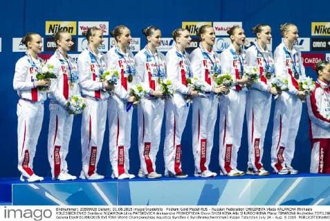 Podium Gold Medal RUS - Russian Federation CHIGIREVA Vlada KALANCHA Mikhaela KOLESNICHENKO Svetlana NIZAMOVA Liliia PATSKEVICH Aleksandra PROKOFYEVA Elena SHISHKINA Alla SHUROCHKINA Maria TIMANINA Anzhelika TOPILINA Gelena Day9 01 08 2015 XVI FINA World Championships Aquatics Synchro ( Synchronschwimmen) Kazan Tatarstan July 24 - Aug. 9 2015 PasqualexMesiano
