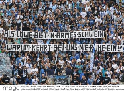 TSV 1860 München-Fans: Als Löwe bist du ein armes Schwein. Warum kehrt bei uns nie Ruhe ein? Fussball 2. BL München Allianz Arena 01.08.2015 TSV 1860 München - SC Freiburg
