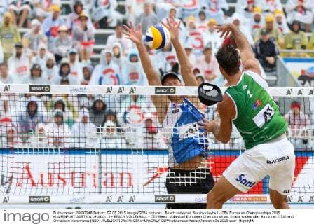 Beach volleyball Beachvolleyball - CEV European Championships 2015 KLAGENFURT,AUSTRIA,02.AUG.15 - BEACH VOLLEYBALL - CEV Beach Volleyball European Championships. Image shows Alex Ranghieri (ITA) and Christiaan Varenhorst (NED). GEPAxpictures xMaticxKlansek