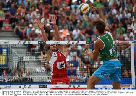 Beach volleyball Beachvolleyball - CEV European Championships 2015 KLAGENFURT,AUSTRIA,02.AUG.15 - BEACH VOLLEYBALL - CEV Beach Volleyball European Championships. Image shows Aleksandrs Samoilovs (LAT) and Alex Ranghieri (ITA). GEPAxpictures xDanielxGoetzhaber