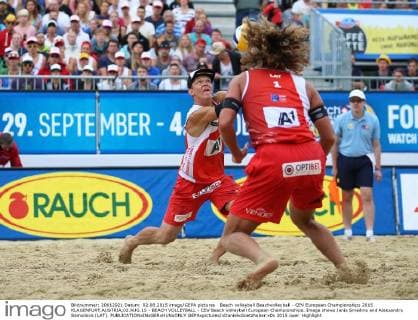 Beach volleyball Beachvolleyball - CEV European Championships 2015 KLAGENFURT,AUSTRIA,02.AUG.15 - BEACH VOLLEYBALL - CEV Beach Volleyball European Championships. Image shows Janis Smedins and Aleksandrs Samoilovs (LAT). GEPAxpictures xDanielxGoetzhaber
