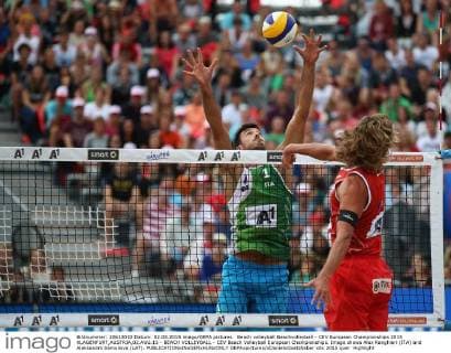 Beach volleyball Beachvolleyball - CEV European Championships 2015 KLAGENFURT,AUSTRIA,02.AUG.15 - BEACH VOLLEYBALL - CEV Beach Volleyball European Championships. Image shows Alex Ranghieri (ITA) and Aleksandrs Samoilovs (LAT). GEPAxpictures xDanielxGoetzhaber