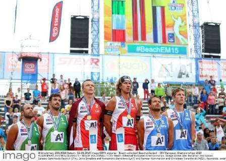 Beach volleyball Beachvolleyball - CEV European Championships 2015 KLAGENFURT,AUSTRIA,02.AUG.15 - BEACH VOLLEYBALL - CEV Beach Volleyball European Championships. Image shows Alex Ranghieri and Adrian Ignacio Carambula Raurich (ITA), Janis Smedins and Aleksandrs Samoilovs (LAT) and Reinder Nummerdor and Christiaan Varenhorst (NED). Keywords: award ceremony, medal. GEPAxpictures xMaticxKlansek