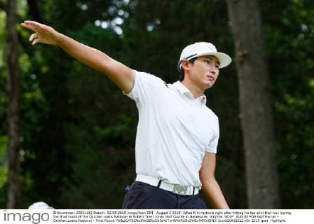 August 2 2015: Whee Kim motions right after hitting his tee shot that way during the final round of the Quicken Loans National at Robert Trent Jones Golf Course in Gainesville, Virginia. GOLF: AUG 02 PGA Golf Herren - Quicken Loans National - Final Round Icon150802022 EDITORIAL USE ONLY