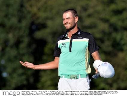 Troy Merritt celebrates after winning the Quicken Loans National at Robert Trent Jones Golf Course in Gainesville, Virginia on August 2, 2015. Merritt won shooting an 18-under-par.  WAP20150802315 KEVINxDIETSCH