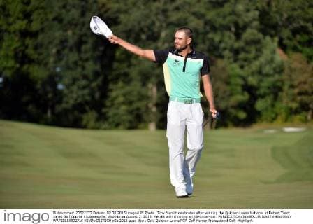 Troy Merritt celebrates after winning the Quicken Loans National at Robert Trent Jones Golf Course in Gainesville, Virginia on August 2, 2015. Merritt won shooting an 18-under-par.  WAP20150802316 KEVINxDIETSCH