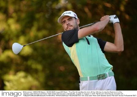 Troy Merritt watches his shot off the 18th tee during the final round of the Quicken Loans National at Robert Trent Jones Golf Course in Gainesville, Virginia on August 2, 2015. Merritt won shooting an 18-under-par.  WAP20150802317 KEVINxDIETSCH
