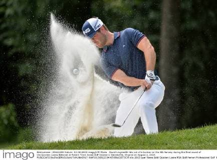 David Lingmerth hits out of a bunker on the 8th fairway during the final round of the Quicken Loans National at Robert Trent Jones Golf Course in Gainesville, Virginia on August 2, 2015.  WAP20150802334 KEVINxDIETSCH