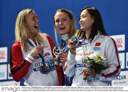 OTTESEN Jeanette DEN Silver Medal, SJOSTROM Sarah SWE Gold Medal, World Record, LU Ying CHN Bronze Medal Women s 100m Butterfly Day11 03 08 2015 Kazan Arena Swimming Nuoto XVI FINA World Championships Aquatics Kazan Tatarstan RUS AndreaxStaccioli