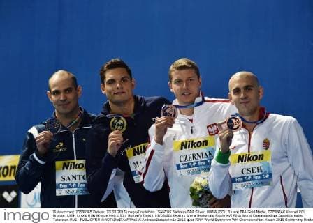 SANTOS Nicholas BRA Silver, MANAUDOU Florent FRA Gold Medal, CZERNIAK Konrad POL Bronze, CSEH Laszlo HUN Bronze Men s 50m Butterfly Day11 03 08 2015 Kazan Arena Swimming Nuoto XVI FINA World Championships Aquatics Kazan Tatarstan RUS AndreaxStaccioli
