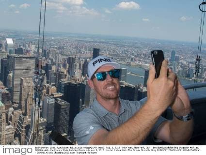 Aug. 3, 2015 - New York, New York, USA - The Barclays defending champion HUNTER MAHAN visits the Empire State Building Monday August 3, 2015. Hunter Mahan Visits The Empire State Building - ZUMAb148