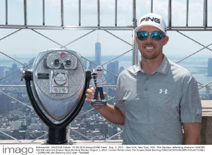 Aug. 3, 2015 - New York, New York, USA - The Barclays defending champion HUNTER MAHAN visits the Empire State Building Monday August 3, 2015. Hunter Mahan Visits The Empire State Building - ZUMAb148