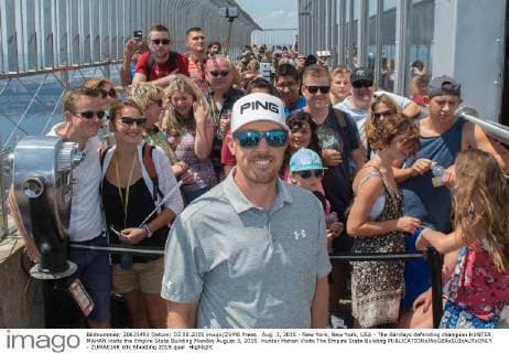Aug. 3, 2015 - New York, New York, USA - The Barclays defending champion HUNTER MAHAN visits the Empire State Building Monday August 3, 2015. Hunter Mahan Visits The Empire State Building - ZUMAb148