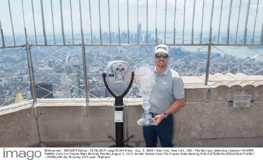 Aug. 3, 2015 - New York, New York, USA - The Barclays defending champion HUNTER MAHAN visits the Empire State Building Monday August 3, 2015. Hunter Mahan Visits The Empire State Building - ZUMAb148