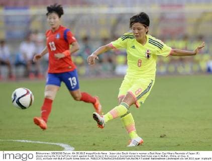 Japan play South Korea in women s East Asian Cup Hikaru Naomoto of Japan (R) shoots during the first half of a match against South Korea in the women s tournament at the East Asian cup in Wuhan, China, on Aug. 4, 2015, as Kwon Hah Nul of South Korea looks on. 