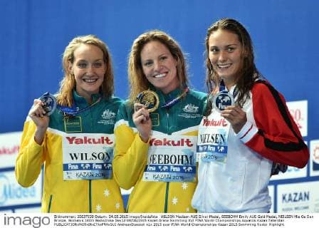 WILSON Madison AUS Silver Medal, SEEBOHM Emily AUS Gold Medal, NIELSEN Mie Oe Den Bronze, Women s 100m Backstroke Day12 04 08 2015 Kazan Arena Swimming XVI FINA World Championships Aquatics Kazan Tatarstan AndreaxStaccioli