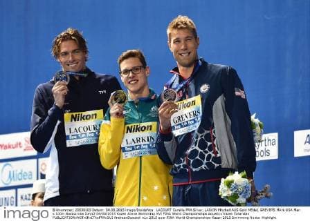 LACOURT Camille FRA Silver, LARKIN Mitchell AUS Gold MEdal, GREVERS MArk USA Men s 100m Backstroke Day12 04 08 2015 Kazan Arena Swimming XVI FINA World Championships Aquatics Kazan Tatarstan AndreaxStaccioli