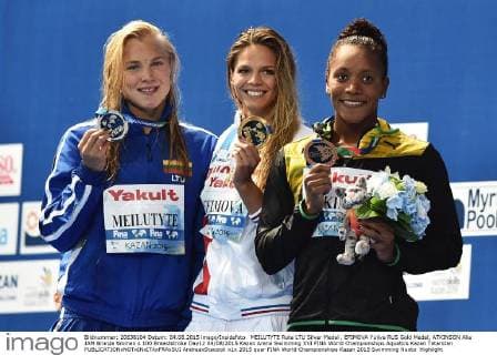 MEILUTYTE Ruta LTU Silver Medal , EFIMOVA Yuliya RUS Gold Medal, ATKINSON Alia JAM Bronze Women s 100 Breaststroke Day12 04 08 2015 Kazan Arena Swimming XVI FINA World Championships Aquatics Kazan Tatarstan AndreaxStaccioli