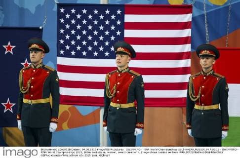 SWIMMING - FINA World Championships 2015 KAZAN,RUSSIA,04.AUG.15 - SWIMMING - FINA World Championships 2015, 100m backstroke, women, award ceremony. Image shows russian soldiers. GEPAxpictures xPhilippxBrem
