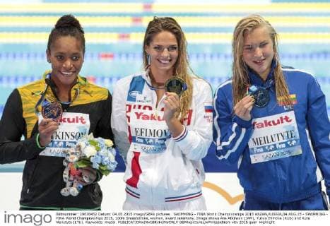 SWIMMING - FINA World Championships 2015 KAZAN,RUSSIA,04.AUG.15 - SWIMMING - FINA World Championships 2015, 100m breaststroke, women, award ceremony. Image shows Alia Atkinson (JAM), Yuliya Efimova (RUS) and Ruta Meilutyte (LTU). Keywords: medal. GEPAxpictures xPhilippxBrem