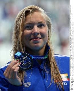 KAZAN, RUSSIA. AUGUST 4, 2015. Silver medalist, Lithuania s Ruta Meilutyte at an awards ceremony for the women s 100m Breaststroke final at the 16th FINA World Swimming Championships, at Kazan Arena. Valery Sharifulin TASS  TS009185