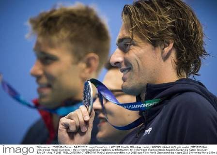 LACOURT Camille FRA silver medal, LARKINS Mitchell AUS gold medal, GREVERS Matt USA bronze medal Swimming - Men s 100m backstroke final Day 12 04 08 2015 XVI FINA World Championships Aquatics Swimming Kazan Tatarstan July 24 - Aug. 9 2015 giorgioxperottino