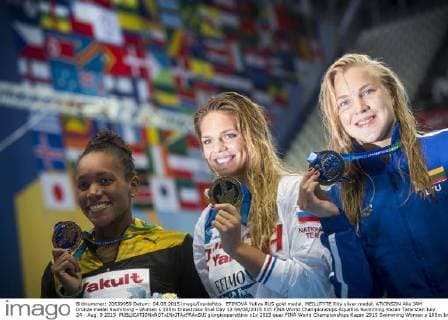 EFIMOVA Yuliya RUS gold medal, MEILUTYTE Rita silver medal, ATKINSON Alia JAM bronze medal Swimming - Women s 100m breastroke final Day 12 04 08 2015 XVI FINA World Championships Aquatics Swimming Kazan Tatarstan July 24 - Aug. 9 2015 giorgioxperottino