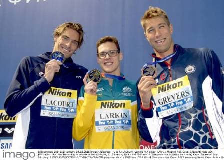 (L to R) LACOURT Camille FRA silver; LARKIN Mitchell AUS Gold; GREVERS Matt USA 100 backstroke men Swimming Kazan Arena Day12 04 08 2015 Evening Finals XVI FINA World Championships Aquatics Swimming Kazan Tatarstan July 24 - Aug. 9 2015 giorgioxscala