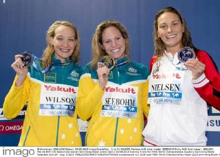 (L to R) WILSON Madison AUS silver medal; SEEBOHM Emily AUS Gold medal ; NIELSEN Mie Oe DEN 100 Backstroke women Swimming Kazan Arena Day12 04 08 2015 Evening Finals XVI FINA World Championships Aquatics Swimming Kazan Tatarstan July 24 - Aug. 9 2015 giorgioxscala
