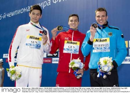 (L to R) SUN Yang CHN silver medal; GUY James GBR Gold Medal; BIEDERMANN Paul GER podium 200 Freestyle men Swimming Kazan Arena Day12 04 08 2015 Evening Finals XVI FINA World Championships Aquatics Swimming Kazan Tatarstan July 24 - Aug. 9 2015 giorgioxscala